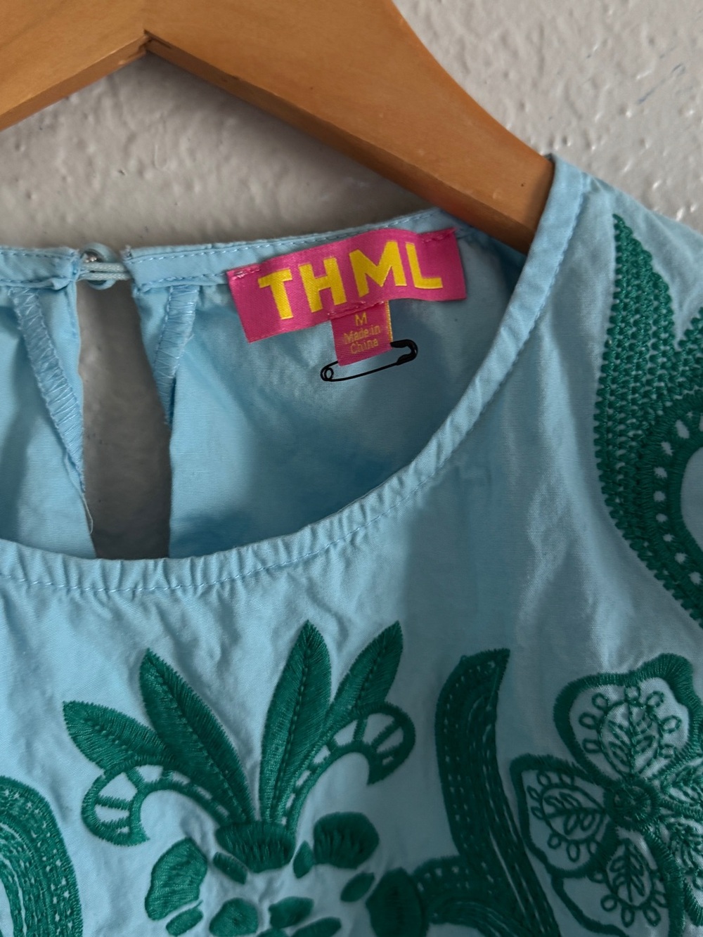 Anthropologie THML Teal Embroidered Flutter Sleeve Crop Top - Light Blue/Teal - Picture 3 of 4